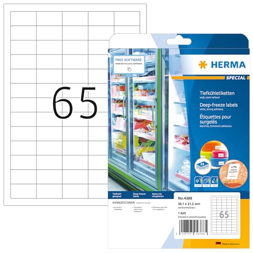 HERMA 4388 Tiefkühletiketten, 25 Blatt, 38,1 x 21,2 mm, 65 pro A4 Bogen, 1625 Stück, selbstklebend, bedruckbar, matt, blanko Papier Gefrieretiketten, Klebeetiketten Aufkleber für Gefriergut, weiß von HERMA