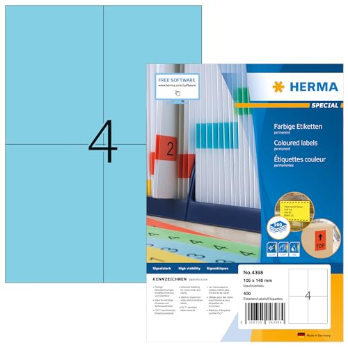 HERMA 4398 Farbige Etiketten blau, 1400 Blatt, 105 x 148 mm, 4 pro A4 Bogen, 5600 Stück, selbstklebend, bedruckbar, matt, blanko Papier Farbetiketten Aufkleber von HERMA