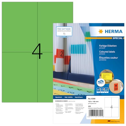 HERMA 4399 Farbige Etiketten grün, 1400 Blatt, 105 x 148 mm, 4 pro A4 Bogen, 5600 Stück, selbstklebend, bedruckbar, matt, blanko Papier Farbetiketten Aufkleber von HERMA