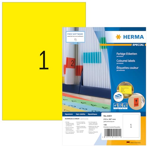 HERMA 4401 Farbige Etiketten gelb, 1400 Blatt, 210 x 297 mm, 1 pro A4 Bogen, 1400 Stück, selbstklebend, bedruckbar, matt, blanko Papier Farbetiketten Aufkleber von HERMA