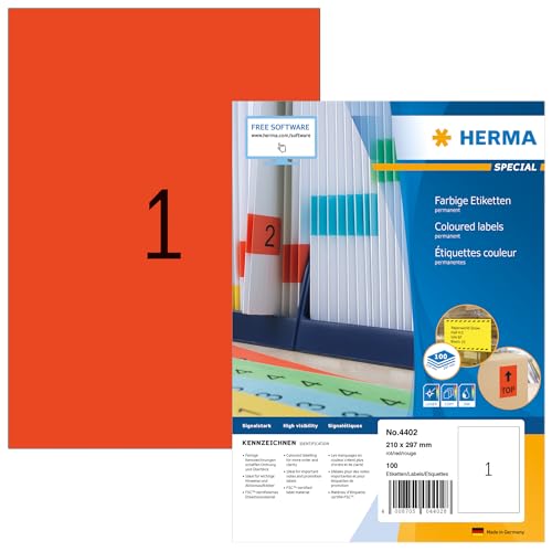 HERMA 4402 Farbige Etiketten rot, 1400 Blatt, 210 x 297 mm, 1 pro A4 Bogen, 1400 Stück, selbstklebend, bedruckbar, matt, blanko Papier Farbetiketten Aufkleber von HERMA