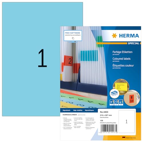 HERMA 4403 Farbige Etiketten blau, 100 Blatt, 210 x 297 mm, 1 pro A4 Bogen, 100 Stück, selbstklebend, bedruckbar, matt, blanko Papier Farbetiketten Aufkleber von HERMA