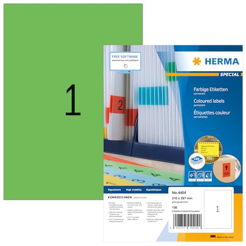 HERMA 4404 Farbige Etiketten grün, 1400 Blatt, 210 x 297 mm, 1 pro A4 Bogen, 1400 Stück, selbstklebend, bedruckbar, matt, blanko Papier Farbetiketten Aufkleber von HERMA