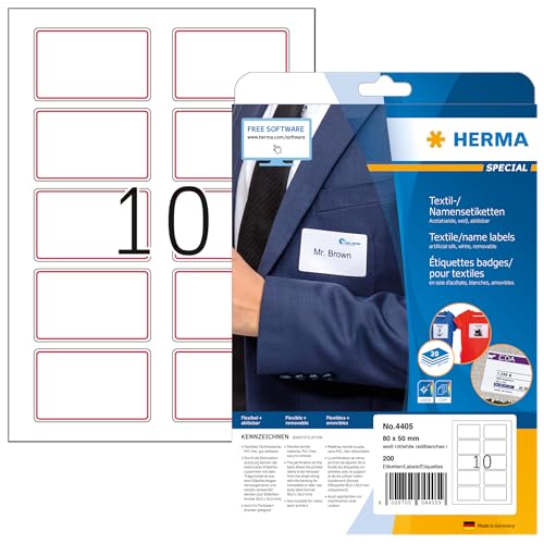 HERMA 4405 Namensetiketten ablösbar, 20 Blatt, 80 x 50 mm, 10 pro A4 Bogen, 200 Stück, selbstklebend, bedruckbar, rückstandsfrei abziehbare Acetatseide Namensaufkleber Etiketten, weiß rot von HERMA