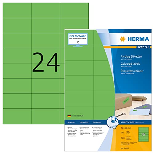 HERMA 4409 Farbige Etiketten grün, 1400 Blatt, 70 x 37 mm, 24 pro A4 Bogen, 33600 Stück, selbstklebend, bedruckbar, matt, blanko Papier Farbetiketten Aufkleber von HERMA