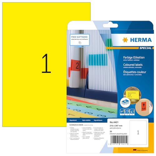 HERMA 4421 Farbige Etiketten gelb ablösbar, 640 Blatt, 210 x 297 mm, 1 pro A4 Bogen, 640 Stück, selbstklebend, bedruckbar, matt, blanko Papier Farbetiketten Aufkleber von HERMA