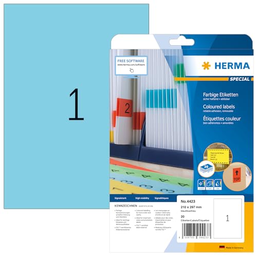 HERMA 4423 Farbige Etiketten blau ablösbar, 20 Blatt, 210 x 297 mm, 1 pro A4 Bogen, 20 Stück, selbstklebend, bedruckbar, matt, blanko Papier Farbetiketten Aufkleber von HERMA