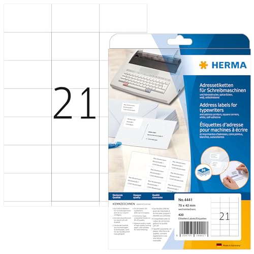 HERMA 4441 Adressetiketten für Schreibmaschinen, 20 Blatt, 70 x 42 mm, 21 pro A4 Bogen, 420 Stück, selbstklebend, bedruckbar, matt, blanko Papier Klebeetiketten Adressaufkleber Etiketten, weiß von HERMA