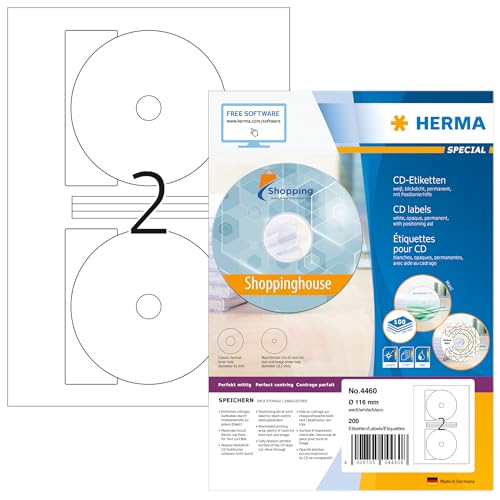 HERMA 4460 CD DVD Etiketten inkl. Zentrierhilfe blickdicht, 100 Blatt, Ø 116 mm MAXI, 2 pro A4 Bogen, 200 Stück, selbstklebend, bedruckbar, matt, blanko Papier Klebeetiketten Aufkleber, weiß von HERMA