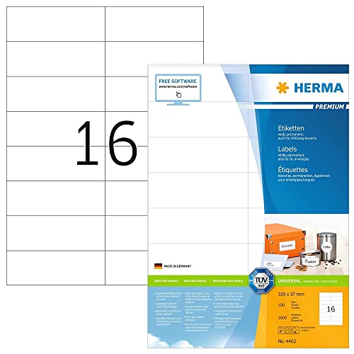 HERMA 4462 Adressetiketten, 1400 Blatt, 105 x 37 mm, 16 pro A4 Bogen, 22400 Stück, selbstklebend, bedruckbar, matt, blanko Papier Adressaufkleber Etiketten, weiß von HERMA