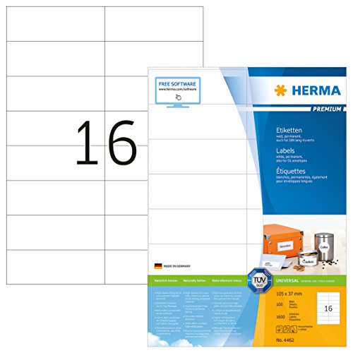 HERMA 4462 Adressetiketten, 100 Blatt, 105 x 37 mm, 16 pro A4 Bogen, 1600 Stück, selbstklebend, bedruckbar, matt, blanko Papier Adressaufkleber Etiketten, weiß von HERMA