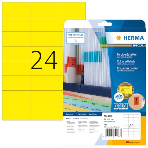 HERMA 4466 Farbige Etiketten gelb ablösbar, 640 Blatt, 70 x 37 mm, 24 pro A4 Bogen, 15360 Stück, selbstklebend, bedruckbar, matt, blanko Papier Farbetiketten Aufkleber von HERMA