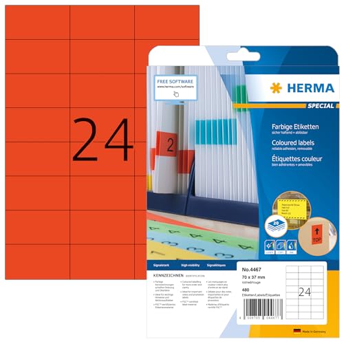 HERMA 4467 Farbige Etiketten rot ablösbar, 20 Blatt, 70 x 37 mm, 24 pro A4 Bogen, 480 Stück, selbstklebend, bedruckbar, matt, blanko Papier Farbetiketten Aufkleber von HERMA