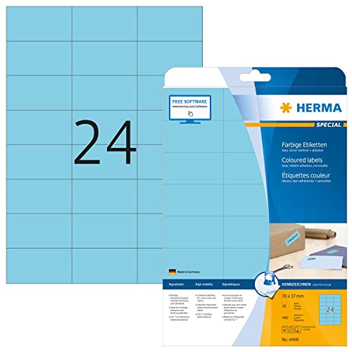 HERMA 4468 Farbige Etiketten blau ablösbar, 640 Blatt, 70 x 37 mm, 24 pro A4 Bogen, 15360 Stück, selbstklebend, bedruckbar, matt, blanko Papier Farbetiketten Aufkleber von HERMA