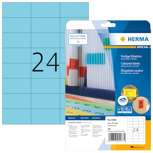 HERMA 4468 Farbige Etiketten blau ablösbar, 20 Blatt, 70 x 37 mm, 24 pro A4 Bogen, 480 Stück, selbstklebend, bedruckbar, matt, blanko Papier Farbetiketten Aufkleber von HERMA