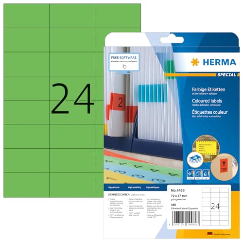 HERMA 4469 Farbige Etiketten grün ablösbar, 20 Blatt, 70 x 37 mm, 24 pro A4 Bogen, 480 Stück, selbstklebend, bedruckbar, matt, blanko Papier Farbetiketten Aufkleber von HERMA