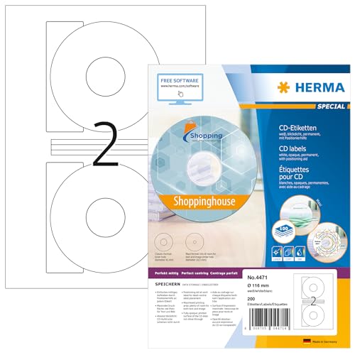 HERMA 4471 CD DVD Etiketten inkl. Zentrierhilfe blickdicht, 100 Blatt, Ø 116 mm, 2 pro A4 Bogen, 200 Stück, selbstklebend, bedruckbar, matt, blanko Papier Klebeetiketten Aufkleber, weiß von HERMA