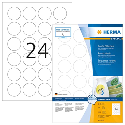 HERMA 4476 Universal Etiketten ablösbar rund, 1400 Blatt, Ø 40 mm, 24 pro A4 Bogen, 33600 Stück, selbstklebend, bedruckbar, matt, blanko Papier Klebeetiketten Aufkleber, weiß von HERMA