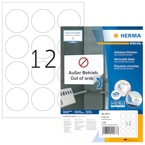 HERMA 4477 Universal Etiketten ablösbar rund, 1400 Blatt, Ø 60 mm, 12 pro A4 Bogen, 16800 Stück, selbstklebend, bedruckbar, matt, blanko Papier Klebeetiketten Aufkleber, weiß von HERMA