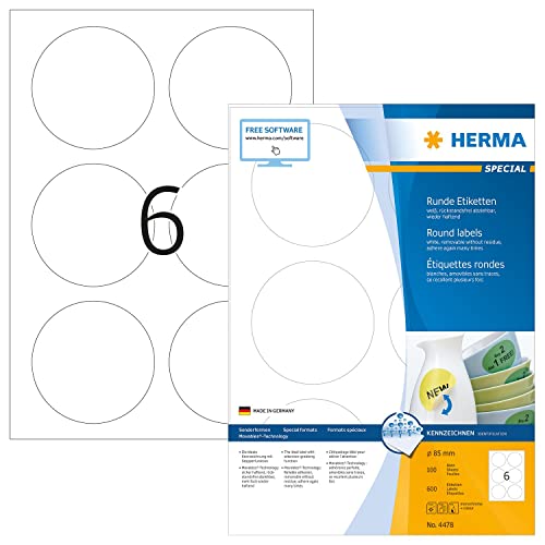 HERMA 4478 Universal Etiketten ablösbar rund, 1400 Blatt, Ø 85 mm, 6 pro A4 Bogen, 8400 Stück, selbstklebend, bedruckbar, matt, blanko Papier Klebeetiketten Aufkleber, weiß von HERMA