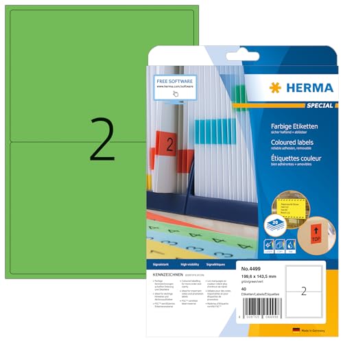 HERMA 4499 Farbige Etiketten grün ablösbar, 20 Blatt, 199,6 x 143,5 mm, 2 pro A4 Bogen, 40 Stück, selbstklebend, bedruckbar, matt, blanko Papier Farbetiketten Aufkleber von HERMA