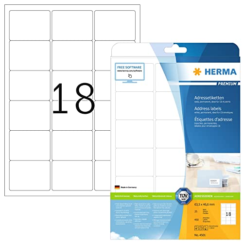 HERMA 4501 Adressetiketten, 800 Blatt, 63,5 x 46,6 mm, 18 pro A4 Bogen, 14400 Stück, selbstklebend, bedruckbar, matt, blanko Papier Adressaufkleber Etiketten, weiß von HERMA