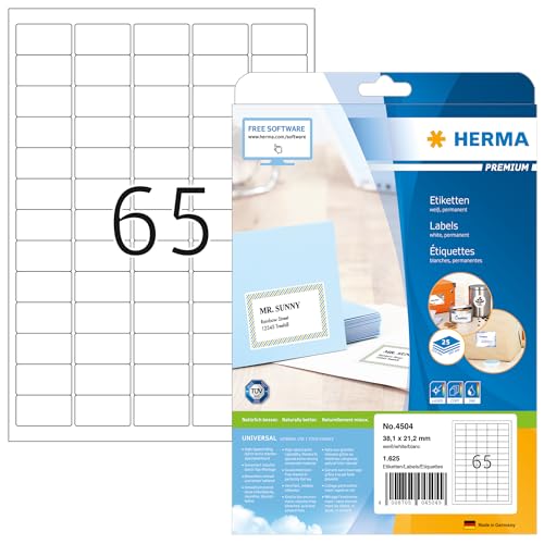 HERMA 4504 Universal Etiketten, 25 Blatt, 38,1 x 21,2 mm, 65 pro A4 Bogen, 1625 Stück, selbstklebend, bedruckbar, matt, blanko Papier Klebeetiketten Aufkleber, weiß von HERMA