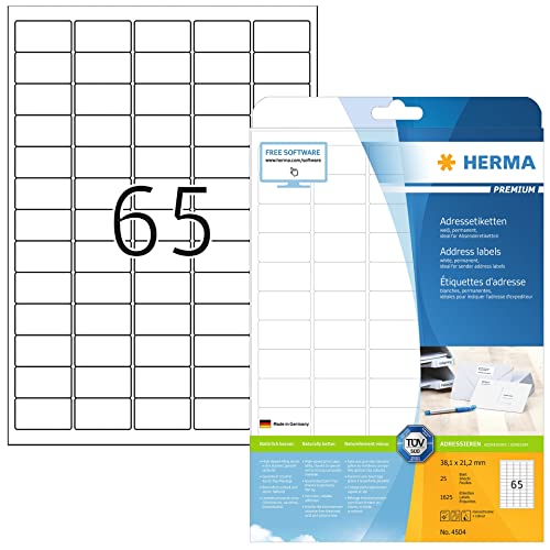 HERMA 4504 Universal Etiketten, 800 Blatt, 38,1 x 21,2 mm, 65 pro A4 Bogen, 52000 Stück, selbstklebend, bedruckbar, matt, blanko Papier Klebeetiketten Aufkleber, weiß von HERMA