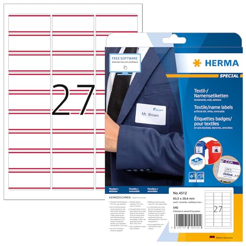 HERMA 4512 Namensetiketten ablösbar, 20 Blatt, 63,5 x 29,6 mm, 27 pro A4 Bogen, 540 Stück, selbstklebend, bedruckbar, rückstandsfrei abziehbare Acetatseide Namensaufkleber Etiketten, weiß rot von HERMA