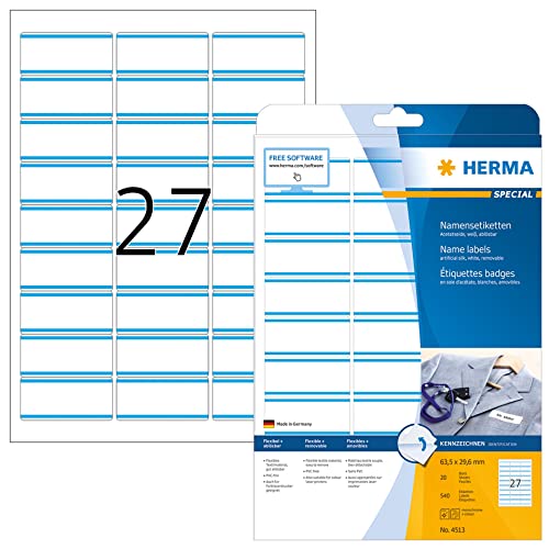 HERMA 4513 Namensetiketten ablösbar, 20 Blatt, 63,5 x 29,6 mm, 27 pro A4 Bogen, 540 Stück, selbstklebend, bedruckbar, rückstandsfrei abziehbare Acetatseide Namensaufkleber Etiketten, weiß blau von HERMA