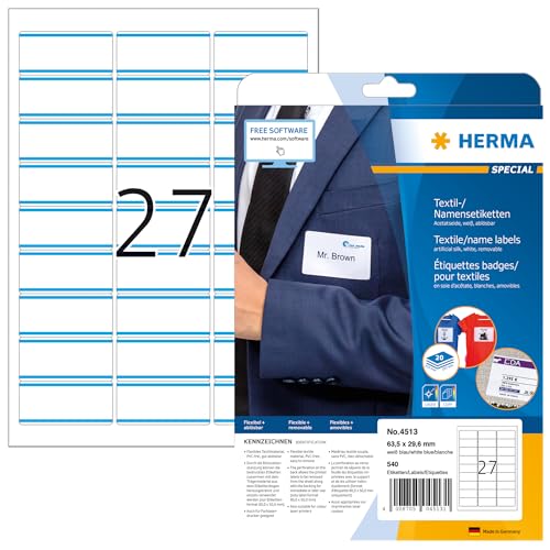 HERMA 4513 Namensetiketten ablösbar, 640 Blatt, 63,5 x 29,6 mm, 27 pro A4 Bogen, 17280 Stück, selbstklebend, bedruckbar, rückstandsfrei abziehbare Acetatseide Namensaufkleber Etiketten, weiß blau von HERMA