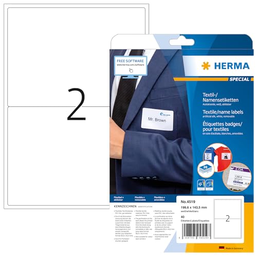 HERMA 4519 Namensetiketten ablösbar, 20 Blatt, 199,6 x 143,5 mm, 2 pro A4 Bogen, 40 Stück, selbstklebend, bedruckbar, rückstandsfrei abziehbare Acetatseide Namensaufkleber Etiketten, weiß von HERMA