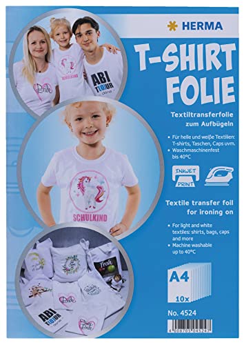 HERMA Transferpapier für helle Textilien, A4 Inkjet Bügelpapier zum Bedrucken & Aufbügeln, 10 Blatt, Transferfolie für weiße Stoff, Bügelfolie zum Selbstgestalten, Bedruckbare T-Shirt Textilfolie von HERMA