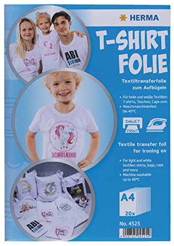 HERMA Transferpapier für helle Textilien, A4 Inkjet Bügelpapier zum Bedrucken & Aufbügeln, 20 Blatt, Transferfolie für weiße Stoff, Bügelfolie zum Selbstgestalten, Bedruckbare T-Shirt Textilfolie von HERMA