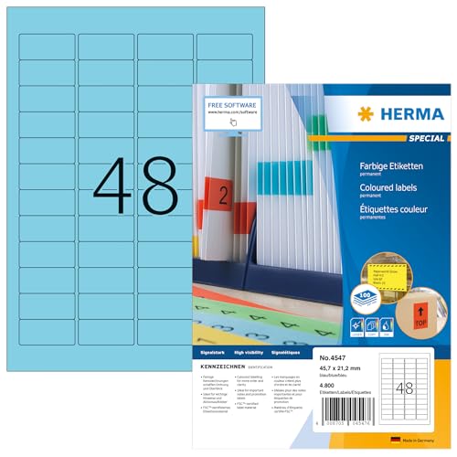 HERMA 4547 Farbige Etiketten blau, 100 Blatt, 45,7 x 21,2 mm, 48 pro A4 Bogen, 4800 Stück, selbstklebend, bedruckbar, matt, blanko Papier Farbetiketten Aufkleber von HERMA