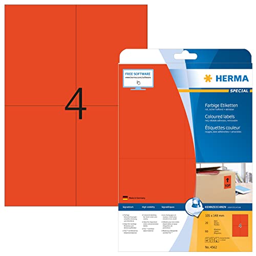 HERMA 4562 Farbige Etiketten rot ablösbar, 20 Blatt, 105 x 148 mm, 4 pro A4 Bogen, 80 Stück, selbstklebend, bedruckbar, matt, blanko Papier Farbetiketten Aufkleber von HERMA