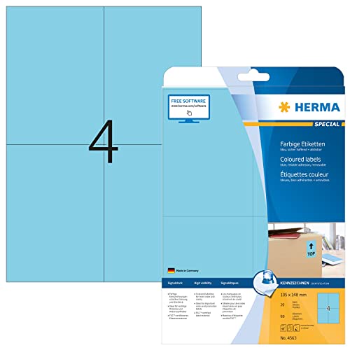 HERMA 4563 Farbige Etiketten blau ablösbar, 640 Blatt, 105 x 148 mm, 4 pro A4 Bogen, 2560 Stück, selbstklebend, bedruckbar, matt, blanko Papier Farbetiketten Aufkleber von HERMA