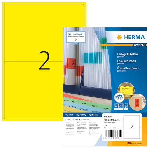 HERMA 4565 Farbige Etiketten gelb, 100 Blatt, 199,6 x 143,5 mm, 2 pro A4 Bogen, 200 Stück, selbstklebend, bedruckbar, matt, blanko Papier Farbetiketten Aufkleber von HERMA