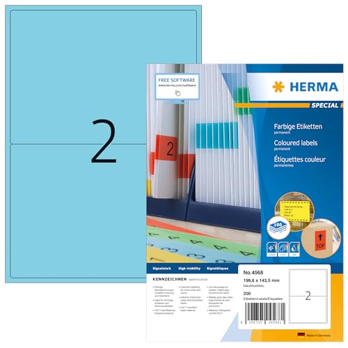 HERMA 4568 Farbige Etiketten blau, 100 Blatt, 199,6 x 143,5 mm, 2 pro A4 Bogen, 200 Stück, selbstklebend, bedruckbar, matt, blanko Papier Farbetiketten Aufkleber von HERMA