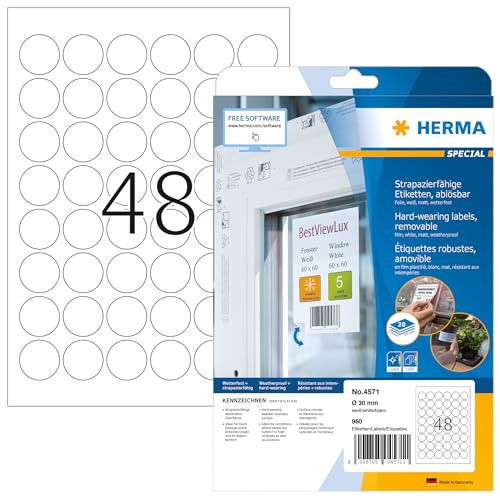 HERMA 4571 Wetterfeste Folienetiketten ablösbar rund, 20 Blatt, Ø 30 mm, 48 pro A4 Bogen, 960 Stück, selbstklebend, bedruckbar, matt, blanko Klebeetiketten Aufkleber aus Folie, weiß von HERMA