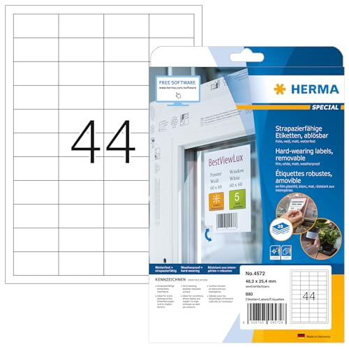 HERMA 4572 Wetterfeste Folienetiketten ablösbar, 640 Blatt, 48,3 x 25,4 mm, 44 pro A4 Bogen, 28160 Stück, selbstklebend, bedruckbar, matt, blanko Klebeetiketten Aufkleber aus Folie, weiß von HERMA