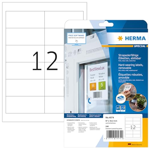 HERMA 4574 Wetterfeste Folienetiketten ablösbar, 20 Blatt, 97 x 42,3 mm, 12 pro A4 Bogen, 240 Stück, selbstklebend, bedruckbar, matt, blanko Klebeetiketten Aufkleber aus Folie, weiß von HERMA