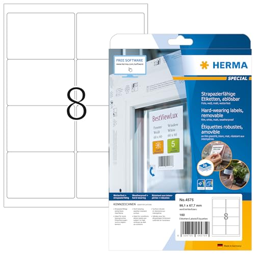 HERMA 4575 Wetterfeste Folienetiketten ablösbar, 20 Blatt, 99,1 x 67,7 mm, 8 pro A4 Bogen, 160 Stück, selbstklebend, bedruckbar, matt, blanko Klebeetiketten Aufkleber aus Folie, weiß von HERMA