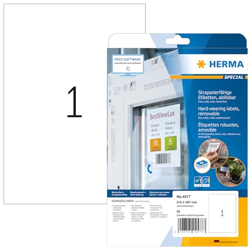 HERMA 4577 Wetterfeste Folienetiketten ablösbar, 640 Blatt, 210 x 297 mm, 1 pro A4 Bogen, 640 Stück, selbstklebend, bedruckbar, matt, blanko Klebeetiketten Aufkleber aus Folie, weiß von HERMA