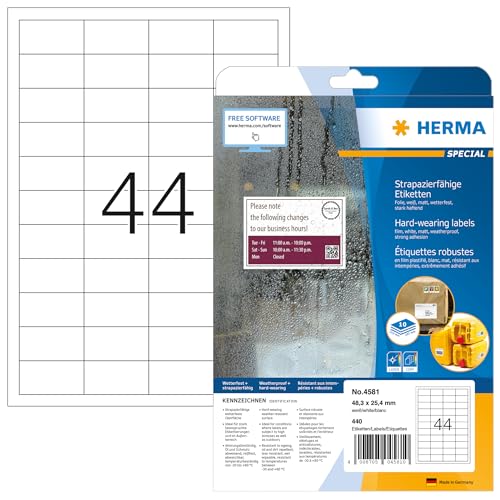 HERMA 4581 Wetterfeste Folienetiketten, 320 Blatt, 48,3 x 25,4 mm, 44 pro A4 Bogen, 14080 Stück, selbstklebend, bedruckbar, matt, blanko Klebeetiketten Aufkleber aus Folie, weiß von HERMA