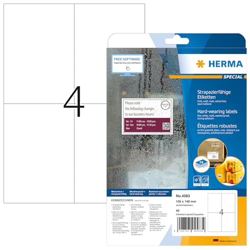 HERMA 4583 Wetterfeste Folienetiketten, 10 Blatt, 105 x 148 mm, 4 pro A4 Bogen, 40 Stück, selbstklebend, bedruckbar, matt, blanko Klebeetiketten Aufkleber aus Folie, weiß von HERMA