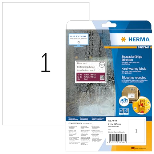 HERMA 4584 Wetterfeste Folienetiketten, 320 Blatt, 210 x 297 mm, 1 pro A4 Bogen, 320 Stück, selbstklebend, bedruckbar, matt, blanko Klebeetiketten Aufkleber aus Folie, weiß von HERMA