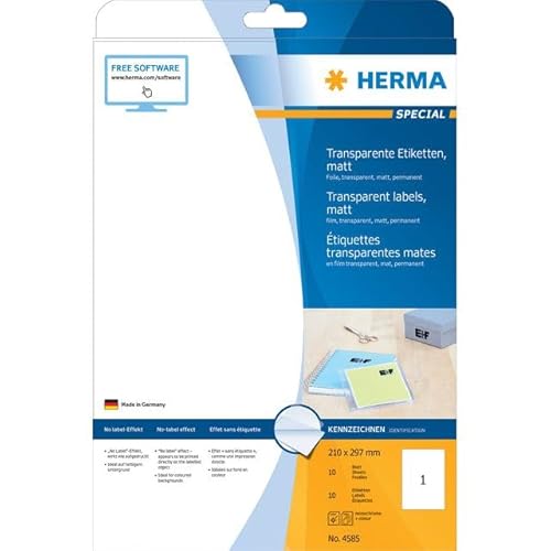 HERMA 4585 Wetterfeste Folienetiketten transparent, 320 Blatt, 210 x 297 mm, 1 pro A4 Bogen, 320 Stück, selbstklebend, bedruckbar, matt, blanko Klebeetiketten Aufkleber aus Folie, durchsichtig von HERMA