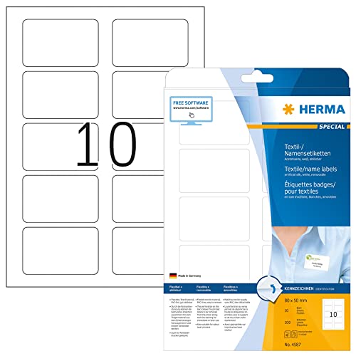 HERMA 4587 Namensetiketten ablösbar, 320 Blatt, 80 x 50 mm, 10 pro A4 Bogen, 3200 Stück, selbstklebend, bedruckbar, rückstandsfrei abziehbare Acetatseide Namensaufkleber Etiketten, weiß von HERMA