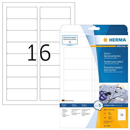 HERMA 4588 Namensetiketten ablösbar, 320 Blatt, 88,9 x 33,8 mm, 16 pro A4 Bogen, 5120 Stück, selbstklebend, bedruckbar, rückstandsfrei abziehbare Acetatseide Namensaufkleber Etiketten, weiß von HERMA